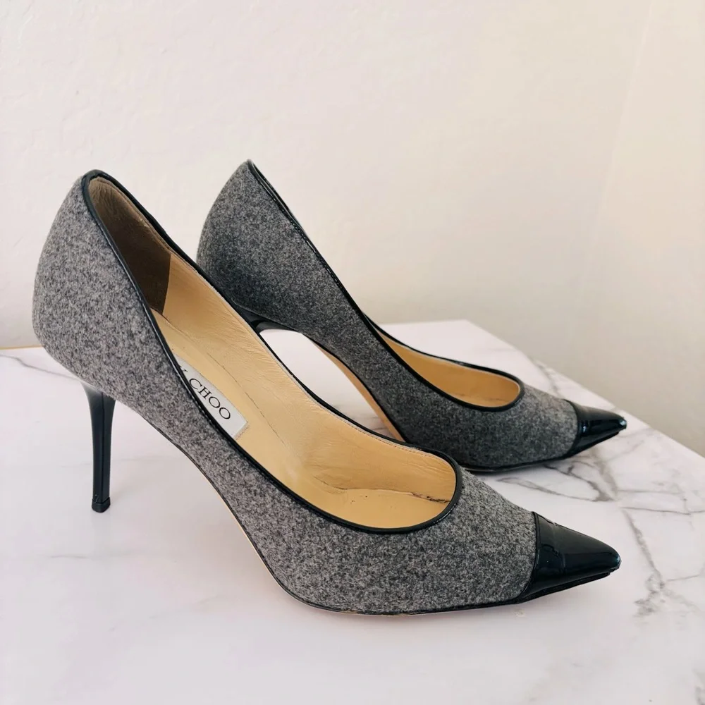 Jimmy‎ Choo Flannel Wool Patent Leather Cap Toe Pumps Size 7.5 US Gray Black
